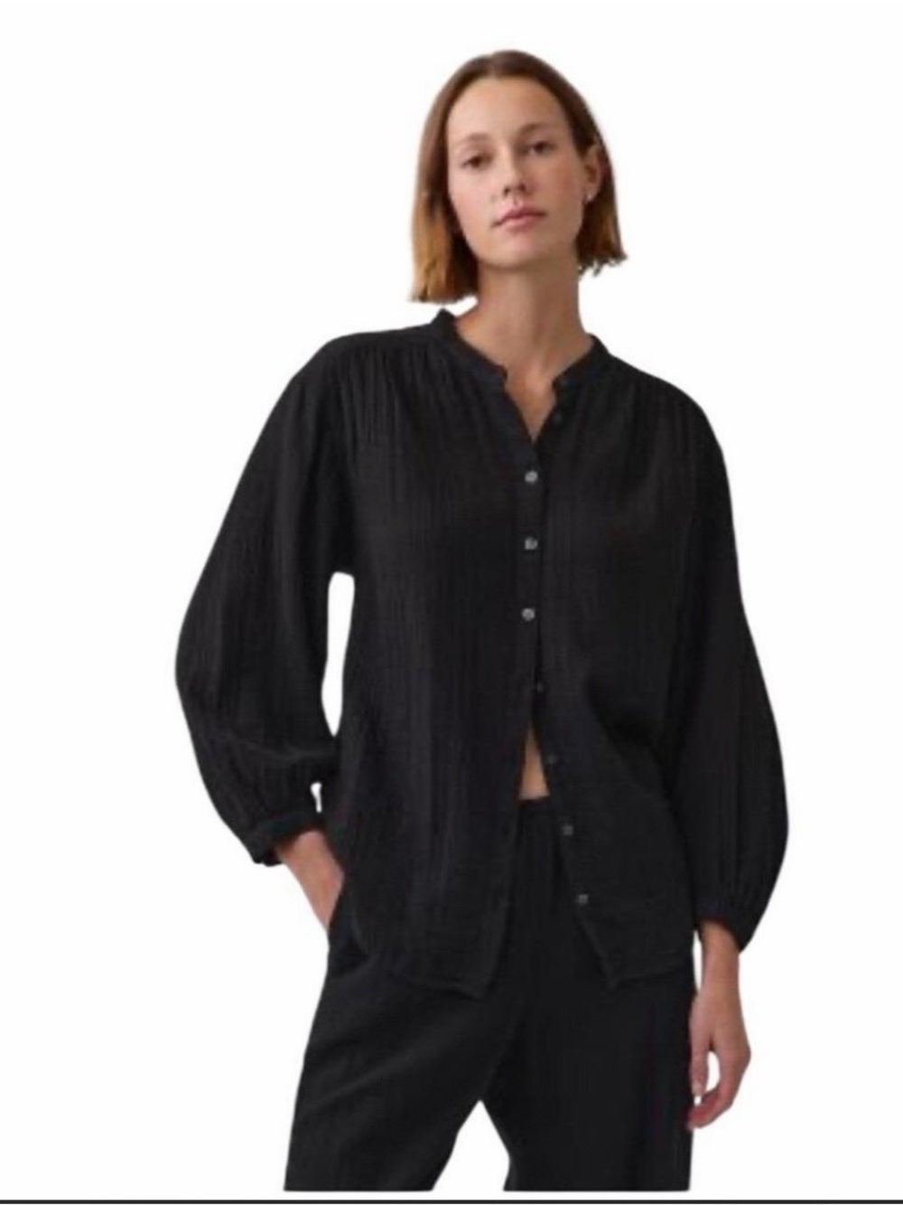 Gap Crinkle Gauze Long Sleeve Black Small Petite Button Up Minimalist
